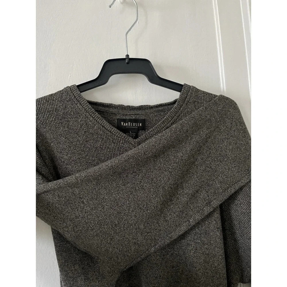 Van Heusen Charcoal Gray V-Neck Ribbed Knit Sweater Pullover Top Size L Cotton